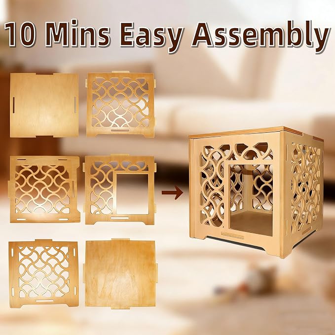 Vintage Carved Hollow Cube Cat House, Handmade Solid Wood Indoor Cat Shelter, Natural Wood Color, Easy to Assemble & Maintain, Elegant Decor for Small Cats Kittens