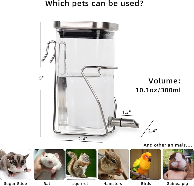 Hamster Water Bottle, Small Animal Glass Waterer, Stainless Steel Nozzle No-Drip Drinker Waterer for Sugar Glider, Rat and Birds (10.1oz)