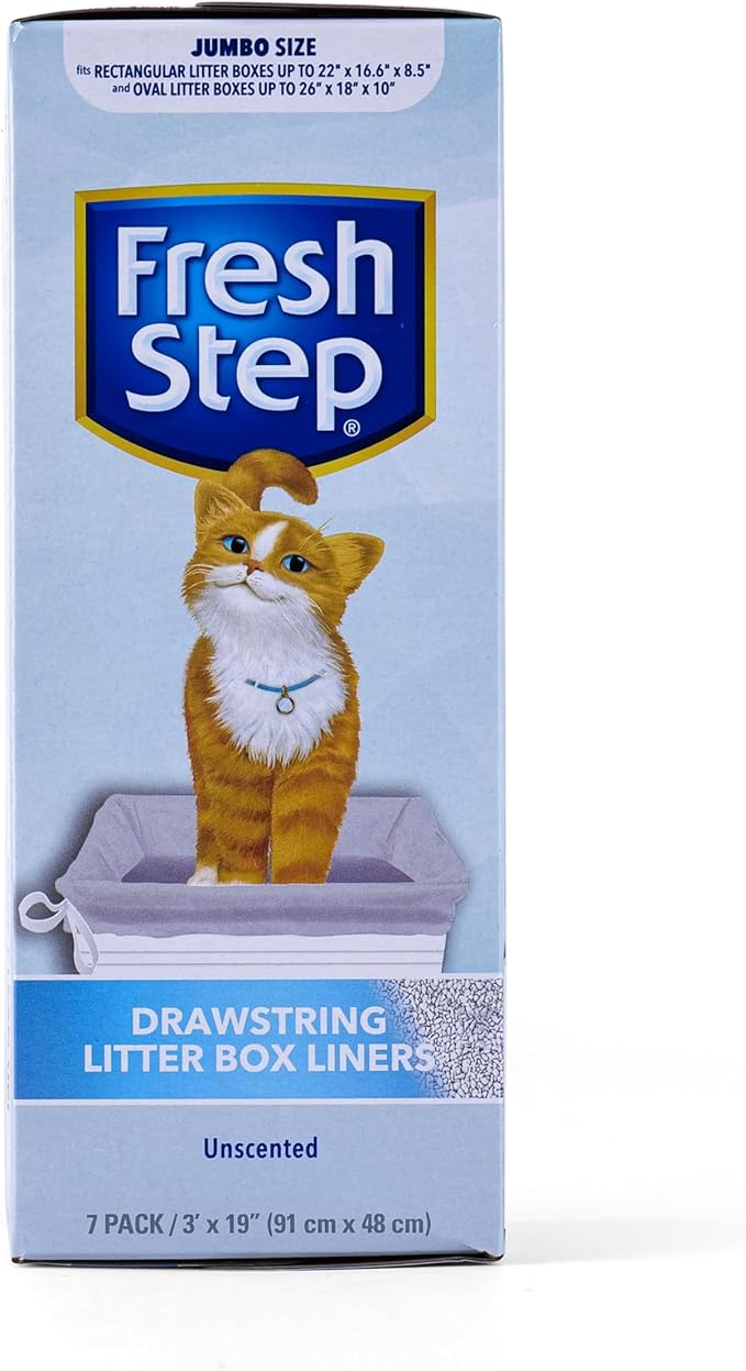 Fresh Step Jumbo Drawstring Cat Litter Box Liners Unscented Heavy Duty Kitty Litter Bags for X-Large Oval or Rectangle Pans Helps Contain Mess Easy Lift Out Cleanup 36 x 19 IN 7 Count Single Box
