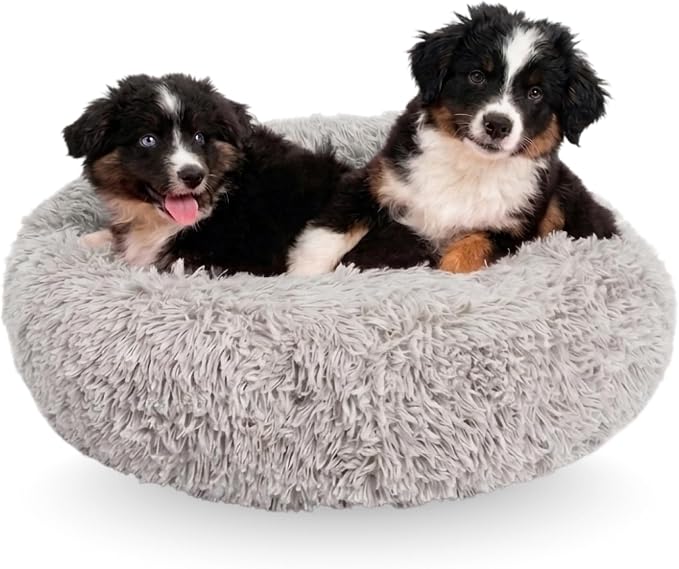 Active Pets Premium Medium Donut Dog Bed, Fits Up to 45 lbs, Machine Washable Cushion, Plush Long Pile Faux Fur Fabric, Portable Light Gray Pet Bed Furniture for Puppies Adult Canines & Cats