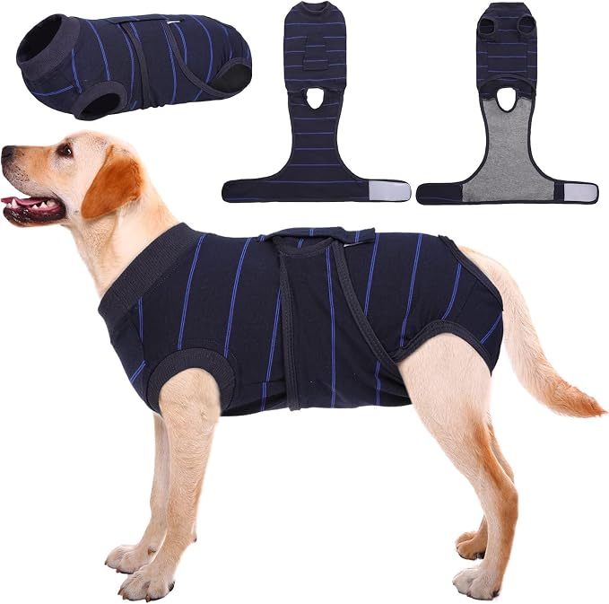 Kuoser Dog Surgery Recovery Suit, Soft Breathable Dog Recovery Suit for Female Spay Male Nueuter, Anti Licking Puppy Onesie Pet Surgical Suit for Dogs Abdominal Wounds Skin Disease, Blue Strips 2XL