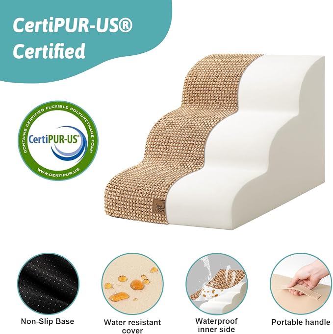 COZY KISS Dog Stairs for Small Dogs 15.7" H, Curved Dog Step for Puppy, Older Cat, Medium Pet Ramp for Sofa, Couch or Chair, Ladder with High Density Foam, 3 Step, 15.7x22.4x15.7 inch, Light Brown