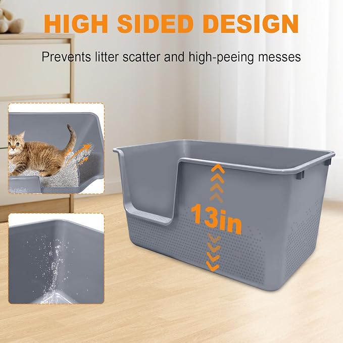Jumbo Cat Litter Box with High Sides,24.4" L× 15.1" W× 13.0" H,Extra Large Litter Boxes for Big Cats & Kittens,XL Cat Pan,Indoor Pet Toilet with Tall Sides,Easy to Clean,Anti-Splashing(Grey)