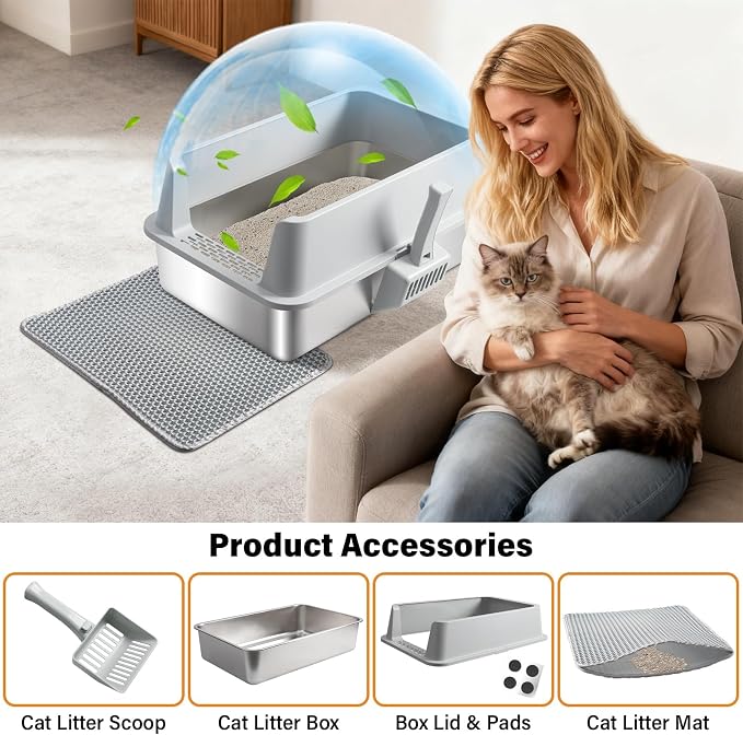 Stainless Steel Litter Box,XL Metal Cat Litter Box with High Sides Lid, Extra Large Litter Boxes for Big Cats,Odor-Resistant, Scratch-Proof, Easy to Clean, Non-Stick,Scoop Included