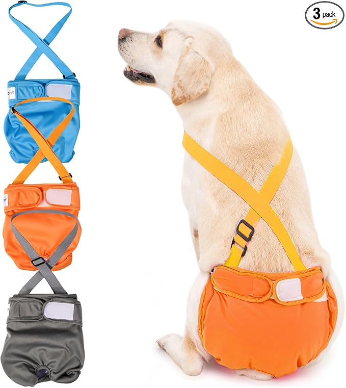 3 Pack Avont Washable Female Dog Diaper with Suspender, Reusable Girl Doggie Diapers for Small Medium Large Doggy in Heat Cycle Period Incontinence -M Blue/Orange/Grey