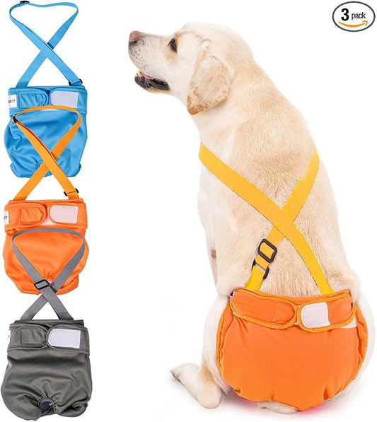 3 Pack Avont Washable Female Dog Diaper with Suspender, Reusable Girl Doggie Diapers for Small Medium Large Doggy in Heat Cycle Period Incontinence -M Blue/Orange/Grey