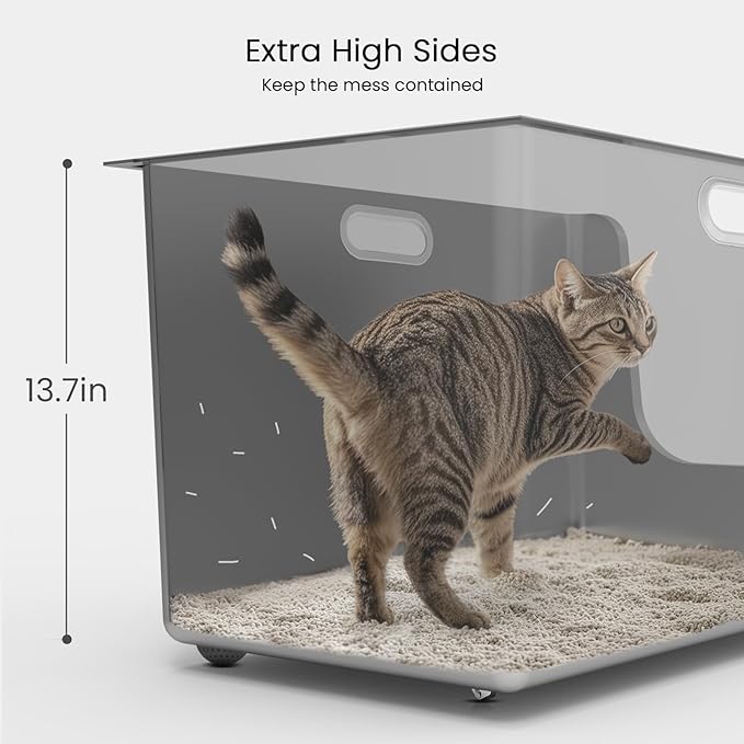 Stainless Steel Litter Box 13.7'' High Sides, XL Metal Cat Litter Box with Curved Low Entry, Cat Litter Pan for Big & Multiple Cats, Pet Toilet with Handy Wheels for Easy Moving