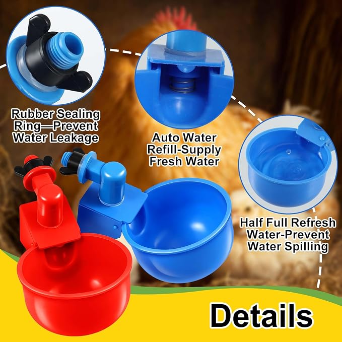 Tanlade 12 Pcs Automatic Chicken Waterer Cups Chicken Feeder for PVC Pipe Waterer Kit for Poultry Duck Goose Turkey Bunny (Red,Blue,Classic)