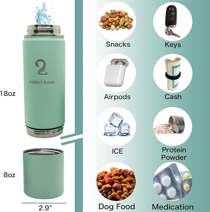 Insulated Water Bottle & Snack Container - Stainless Steel Water Bottle with Storage Compartment, 3 Lid Types BPA Free, Leak & Spill Proof Travel Bottle for Kids & Adults - Snack and Drink Cup