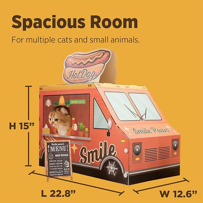 SMILE PAWS Cat Beds for Indoor Cats, Cardboard Cat House with Scratchers, Hot Dog Truck, Large Sturdy Cat Furniture Condo Cave Tent, Easy to Assemble Pet Toys Accessories Stuffs, Bunny Small Animals