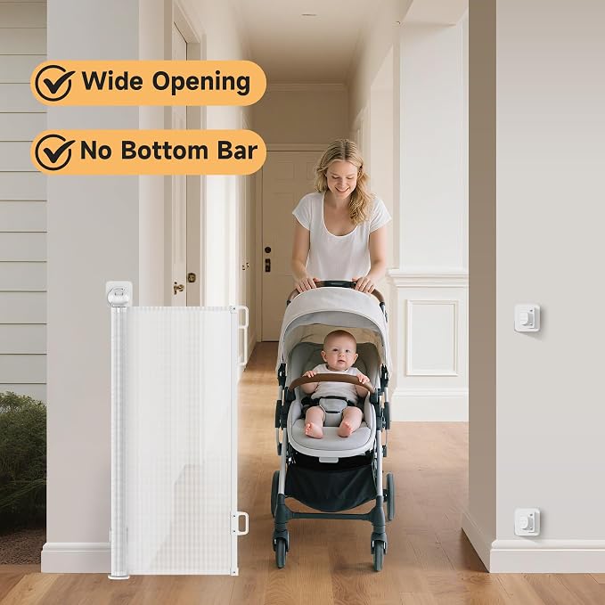 Retractable Baby Gate,118" Wide x 34" Tall Mesh Safety Gate for Dogs & Babies, Indoor/Outdoor Use for Stairs, Doorways, Hallways,Easy Installation Mesh Gate