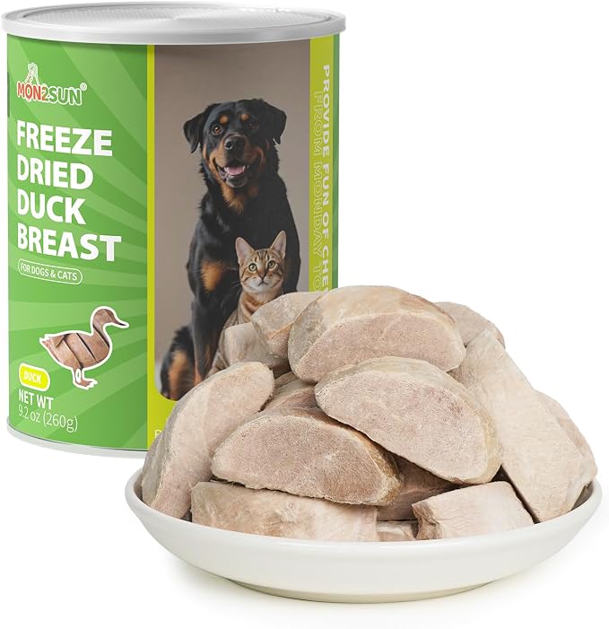 MON2SUN Freeze Dried Duck Breast Treats for Dogs & Cats - Whole Cut Chunks, Single Ingredient, High Protein, Grain Free Food Topper & Training Snacks, 9.2oz