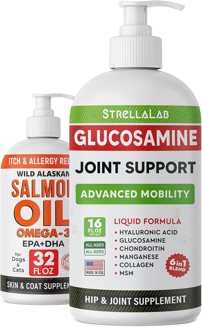 Liquid Glucosamine + Salmon Oil Omega 3 for Dogs Bundle - Joint Pain Relief + Allergy Relief - Chondroitin, MSM, Collagen + Omega 6 9 - EPA&DHA Fatty Acids - Hip&Joint Care - 16oz + 32oz - Made in USA