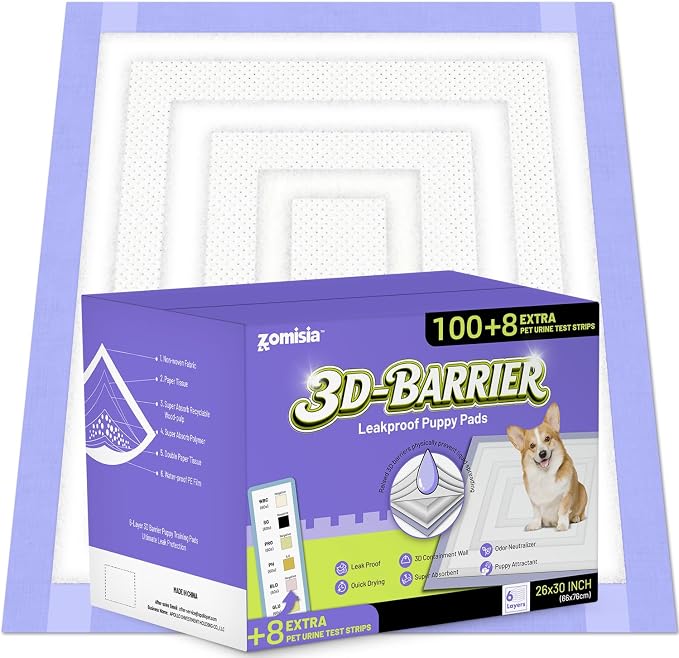 ZOMISIA 3D-Barrier Puppy Pee Pads for Dogs, 12 Cups Absorb & Rise Puffy Gel-Wall Leak-Proof, 26"x30" 100 Counts + 8 Pet Urine Test Strips, Super Absorbent Disposable Potty Training Pads