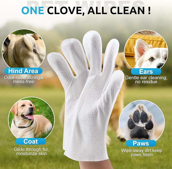 Pet Grooming Glove Wipes (6pc), Extra Thick Rinse-Free Bathing Gloves for Dogs & Cats, Unscented Hypoallergenic Deodorizing Wipes with Aloe & Glycerin, Portable Travel Pet Cleaning Supplies