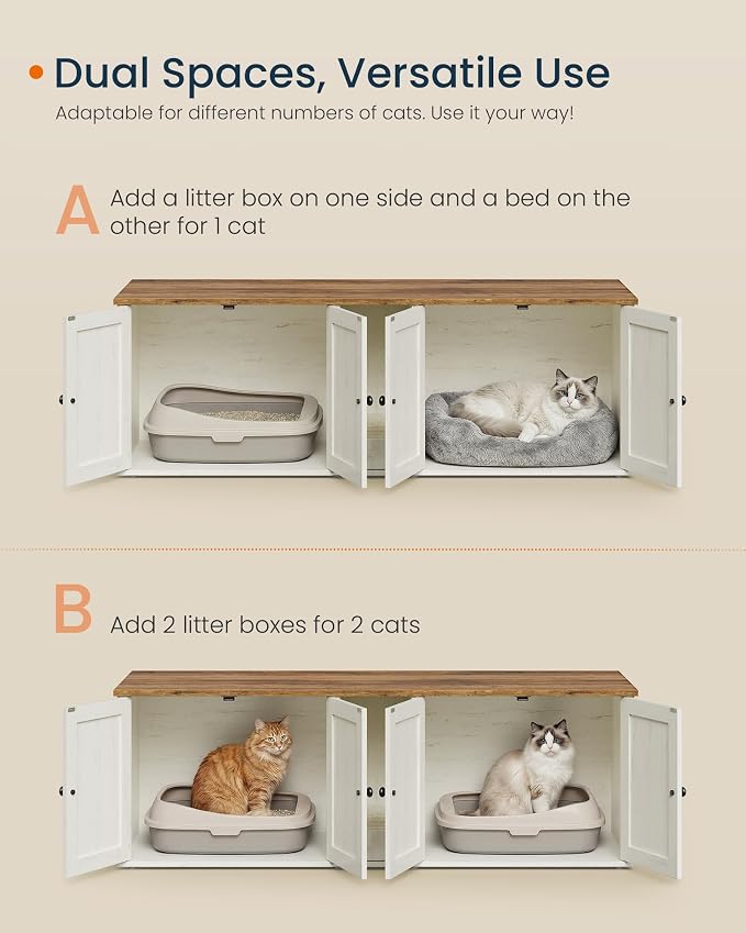 SONGMICS Home Cat Litter Box Enclosure, Snapsemble Superfast Assembly, Double Litter Box Furniture Cabinet Hidden with Collection Drawer, Hooks, Cat House, Rustic White and Honey Brown UPCL235WJ02S