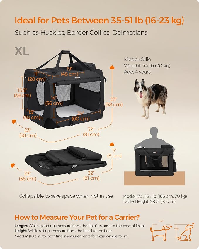 Feandrea 32 Inches Collapsible Soft Dog Crate, Portable Travel Dog Crate for Indoor and Outdoor Use, Dog Carrier Kennel with Safety Zippers, for Living Room, Car, Travelling, Camping, Black UPDC80H