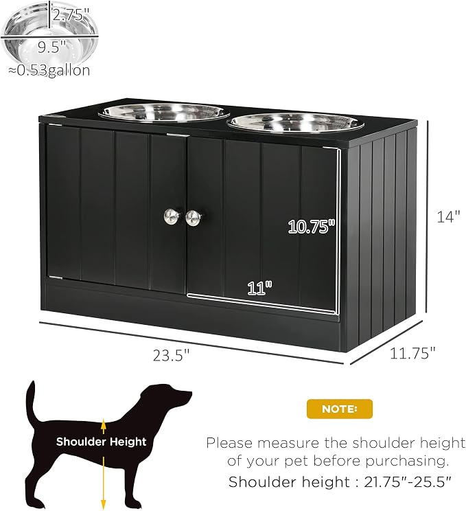 PawHut Large Elevated Dog Bowls with Storage Cabinet Containing Large 44L Capacity, Raised Dog Bowl Stand Pet Food Bowl Pet Feeding Station, Black