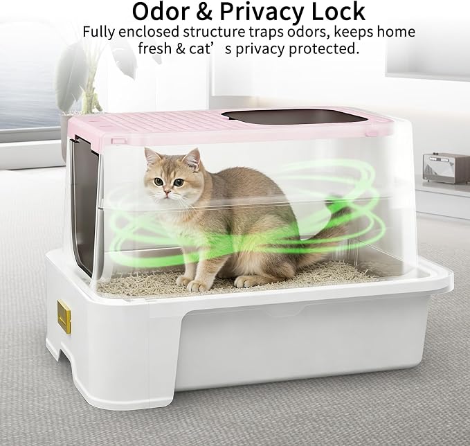 RIZZARI Pink Stainless Steel Cat Litter Box with Lid, Hidden Covered Kitty Litter Box with Drawer & Deodorizer Spray, Modern Top Entry Litter Box for Indoor Cats, Bedrooms, Apartments & Living Spaces
