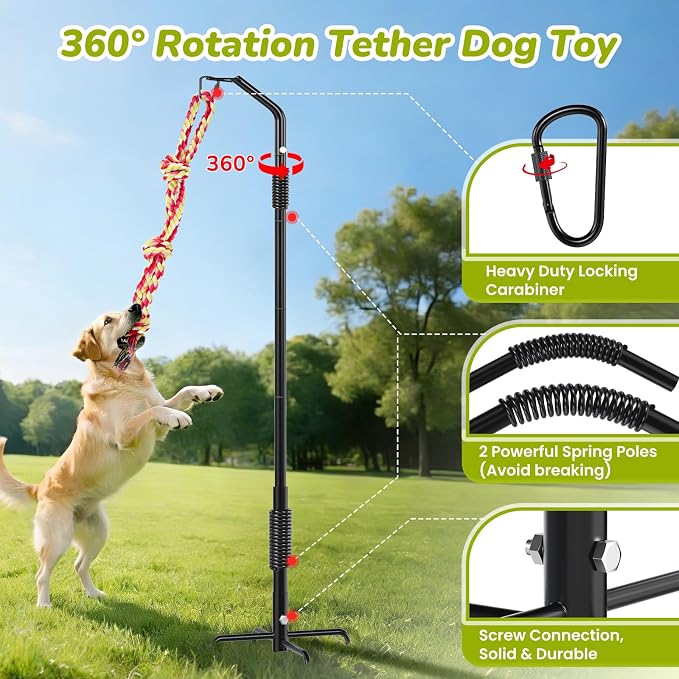360° Rotation Tether Outdoor Dog Rope Toy, Exercise Tug Of War Dog Toy in Yard/Park/Lawn, Dog Training 3 Rope Toys, 2 Strengthen Spring Poles, Self Play and Interactive Toy for Large Medium Small Dog