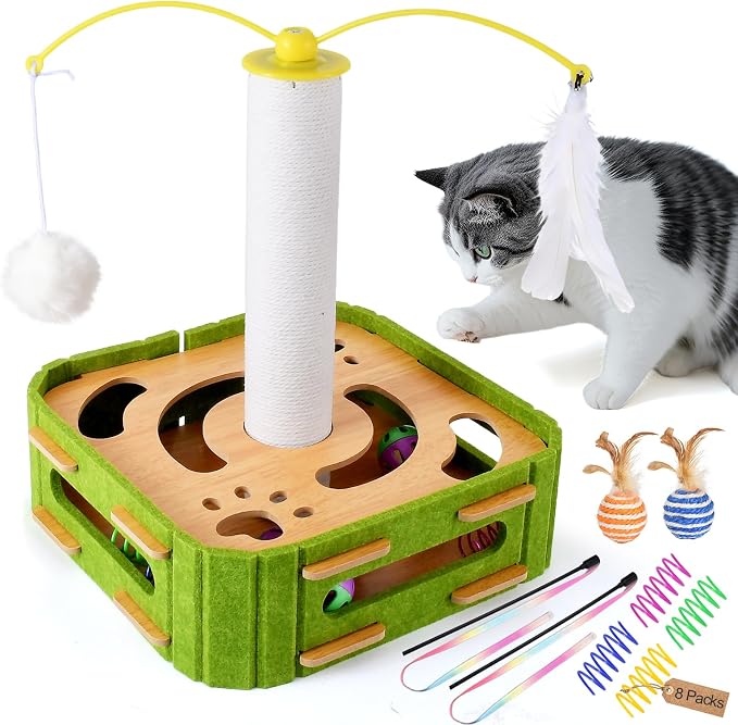 Cat Puzzle Box Toy for Indoor Cats Boredom Relief Interactive Wooden Cat Enrichment Maze with Jingle Balls, Feather Wands & Spiral Springs, Slow Feeder Treat Dispenser for Kittens & Adult Cats