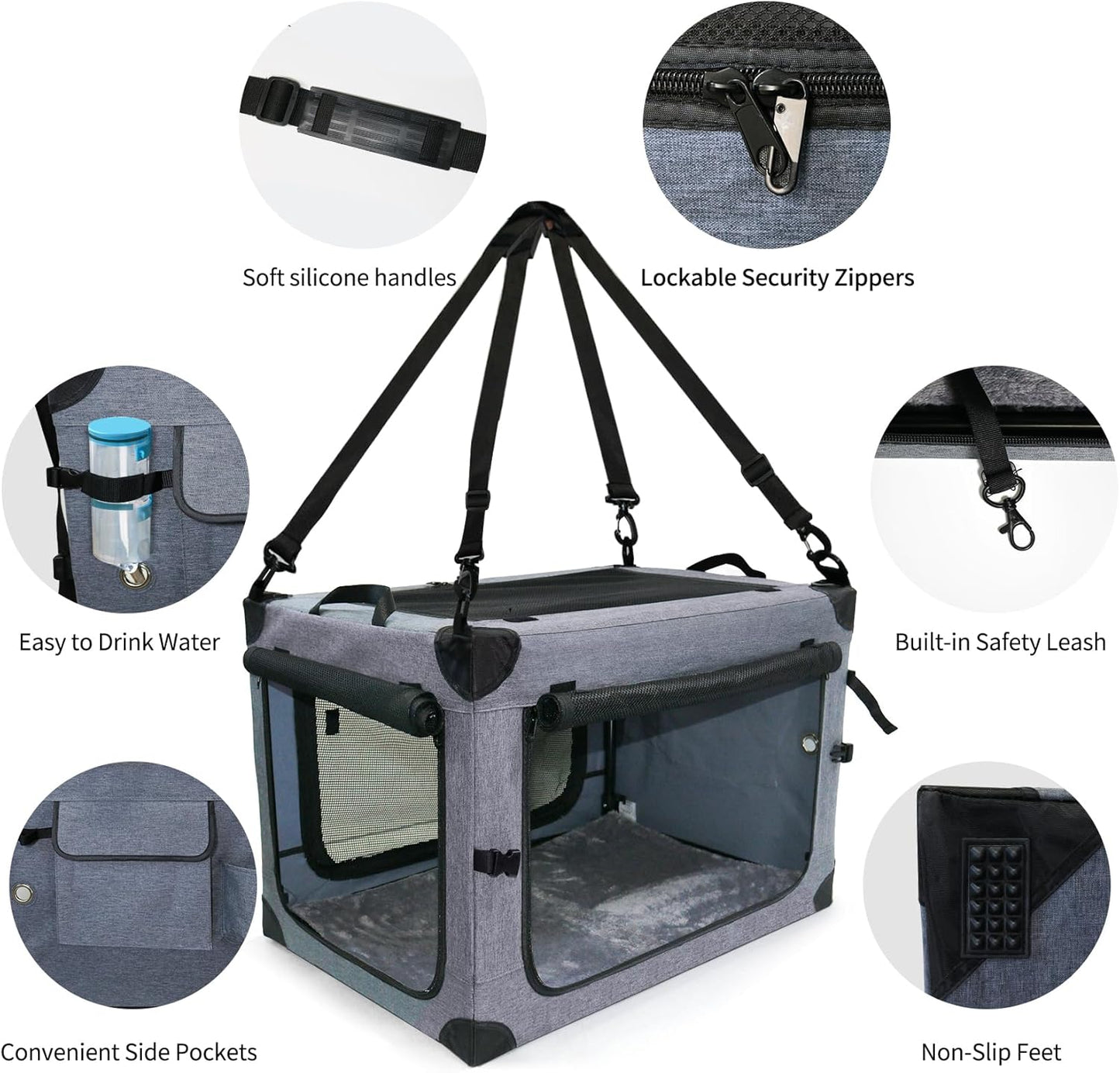 NEZUC Soft Collapsible Dog Crate - 30 Inch Portable Soft Sided Travel Dog Crates for Medium Dogs, 4-Door Foldable Dog Carrier, Pet Kennel Indoor & Outdoor (Gray, 30.0" L x 20" W x 20.0" H)