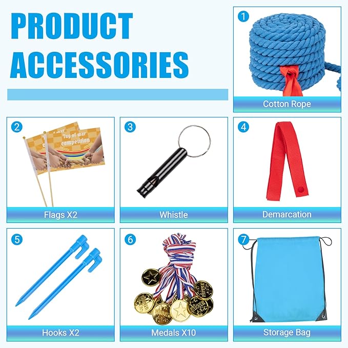 60FT Tug of War Rope,Tug a War,Tug of War Rope Adult with 10 Medals,2 Flags,Whistle,2 Hooks,Demarcation,Ribbon and Storage Bag,Outdoor Backyard Game,Team Game