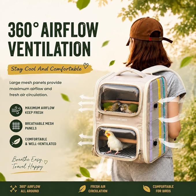 Bird Backpack Carrier for Parrots, Double Layer Bird Travel Cage with Removable Mesh Tray & Perch, Portable Ventilated for Multiple Small Birds Parakeet Cockatiel Conure
