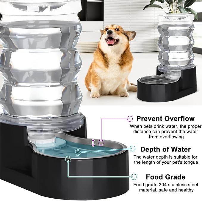 RIZZARI Dog Water Dispenser: 7L Black Stainless Steel Gravity Waterer - Helps Prevent Urinary Stones - Leak-Proof & Stable-Small to Medium Dogs & Cats- Daily Use-Long Hours Away & Home