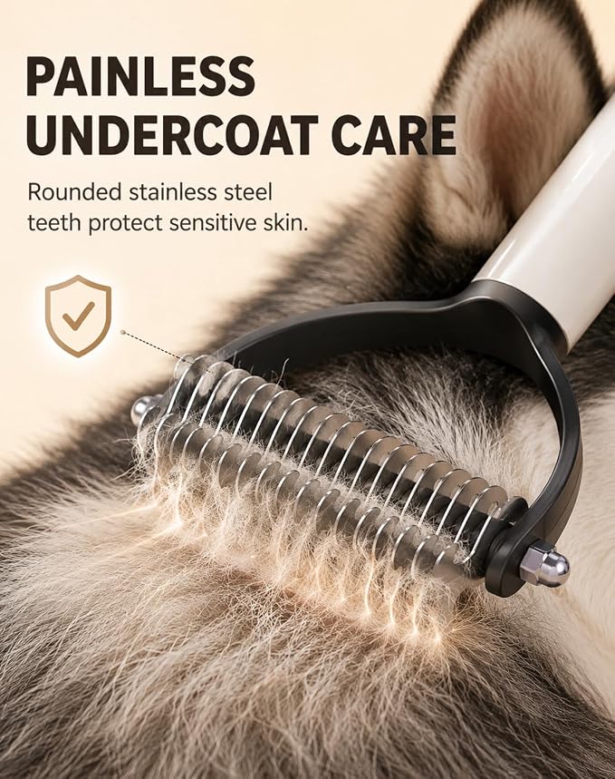 2 in 1 Pet Dematting Comb & Integrated Lint Roller, Stainless Steel Undercoat Rake for Dogs & Cats, Painless Tangle & Mat Remover, Extra Wide Grooming Tool for Long-Haired Breeds (Brown)