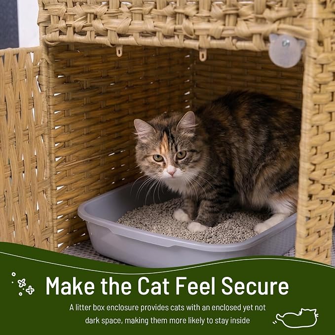 Neti Neti Cat Litter Box Enclosure Furniture, A Calm Enclosed Space Chosen by Cats, Handwoven Rattan Hidden Cabinet with 2 Removable Mats, Large Foldable Design for Indoor Use, Small, Natural