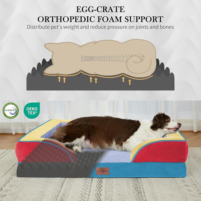 Comfort Expression Orthopedic Dog Bed for Extra Large Dogs 42x30 Inch, Waterproof Egg Crate Foam XL Pet Bed with Bolsters, Dog Couch with Washable Cover & Non-Slip Bottom, Funfetti Fiesta