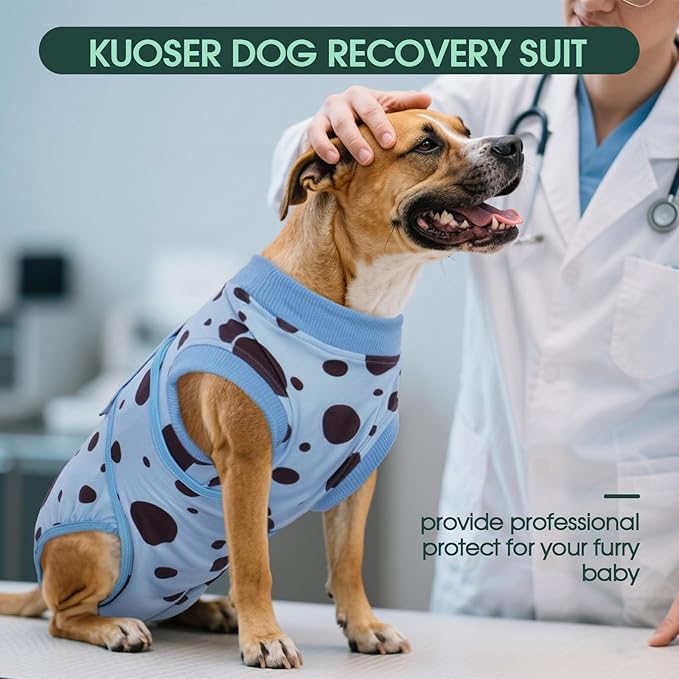 Kuoser Dog Surgery Suit, Soft Dog Spay Recovery Suit Female, Anti Licking Neuter Recovery Suit for Male Dogs, Post-Op Pet Surgical Suit Protective Wear E-Collar & Cone Alternative,Blue Polka Dots L