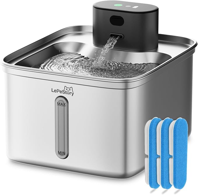 Wireless Cat Water Fountain Stainless Steel: 123oz/3.5L Automatic Water Dispenser for Kittens - 5000mAh Battery Operated Pet Fountain with 3 Replacement Filters & Motion Sensor