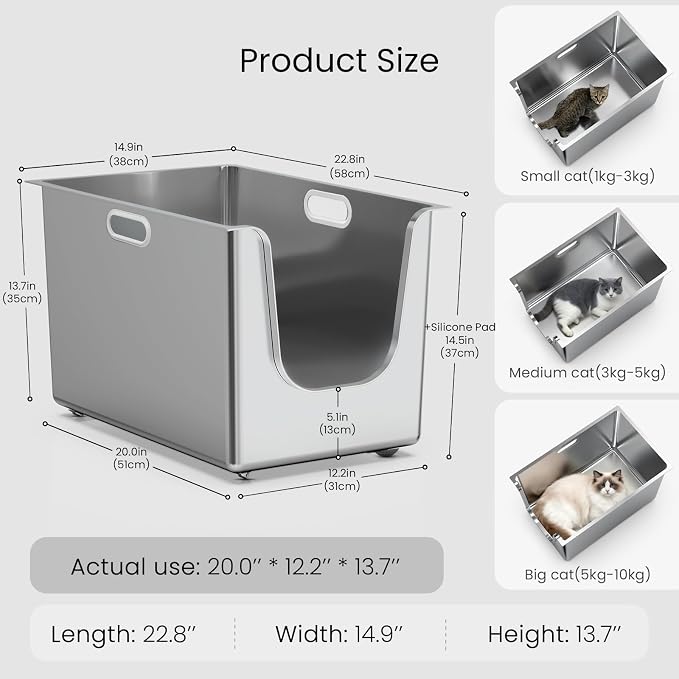 Stainless Steel Litter Box 13.7'' High Sides, XL Metal Cat Litter Box with Curved Low Entry, Cat Litter Pan for Big & Multiple Cats, Pet Toilet with Handy Wheels for Easy Moving