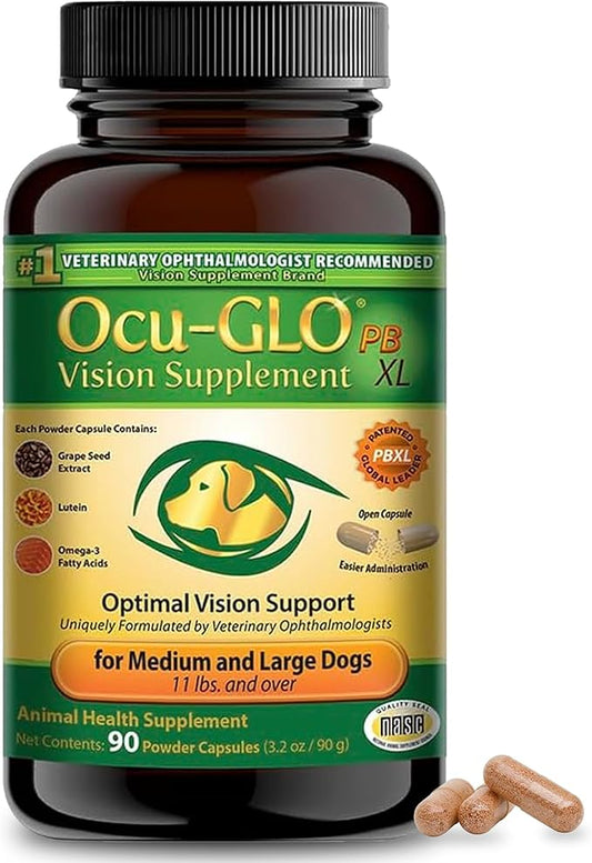 Ocu-GLO PB Vision Supplement for Medium & Large Dogs – Easy to Administer Powder Blend with Lutein, Omega-3 Fatty Acids, Grape Seed Extract & Antioxidants to Promote Eye Health, 90ct Powder Capsules
