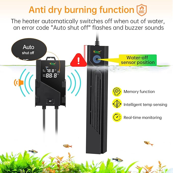 hygger Aquarium Heater with Intelligent Temperature Controller, 200W for 27-53 Gallon Submersible Fish Tank Heater with Leaving Water Automatically Stop Heating System, for Freshwater Saltwater