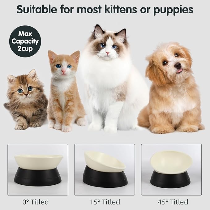 Bulldog Bowl Anti-Slip Dog Cat Dish Detachable Rubber Dog Bowl Pet Sterile Tilted Pet Feeder Slope Base (Black, 2 Cup (Small/Medium Dog))
