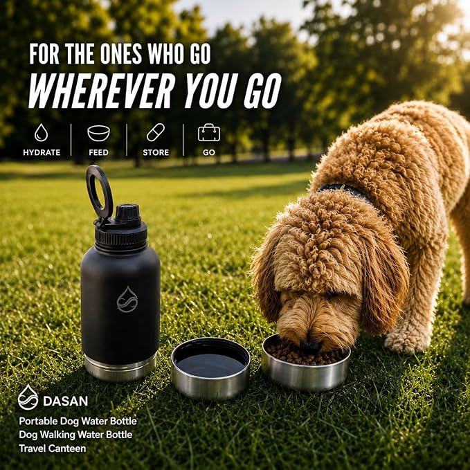 DASAN Portable Dog Water Bottle with Bowl - 32oz Insulated Stainless Steel, 3-in-1 Travel & Walking Pet Dispenser with 2 Food Containers for Hiking, Camping & Outdoor Adventures