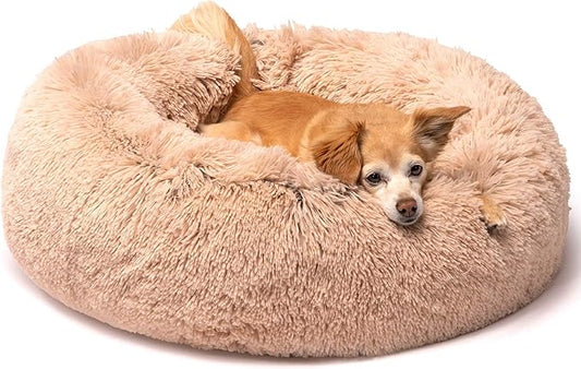 Friends Forever Donut Dog Bed Faux Fur Fluffy Calming Sofa For Small Dogs, Soft & Plush Anti Anxiety Pet Couch For Dogs, Machine Washable Coco Pet Bed with Non-Slip Bottom, 23"x23"x6" Tan
