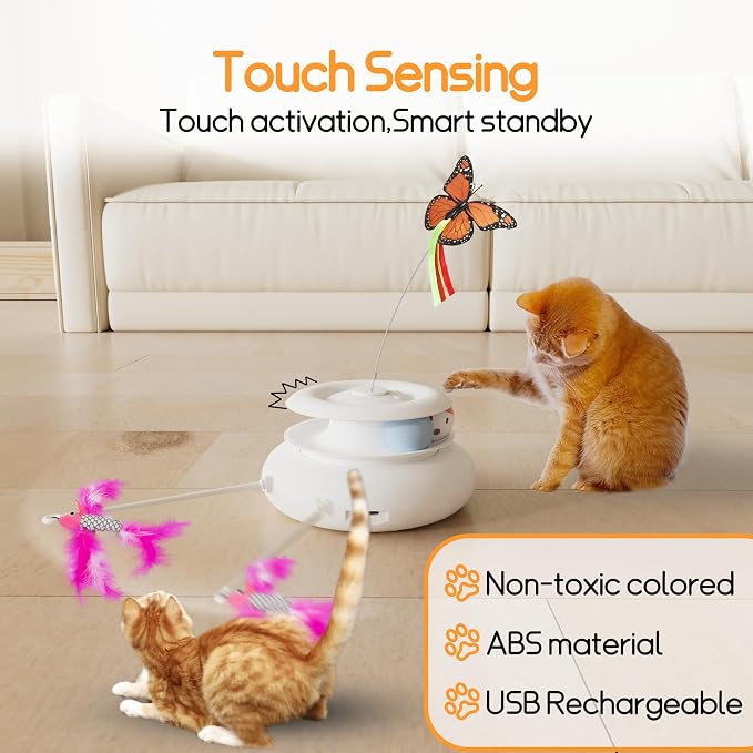 4-in-1 Interactive Cat Toy ，Auto Flutter Toy,Sensor Automatic Hide & Seek, USB Rechargeable 6 Modes for Indoor Cats Exercise Boredom Relief, Multi-Color Options