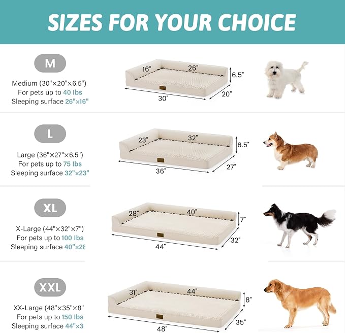 COZY KISS Orthopedic Dog Bed for Large Medium Size Dog, Dogs Crate Bed, L Shaped Foam Anti-Slip Bottom Pet Cat Sofa with Washable Removable Cover, Suitable for Pet Up to 75 lbs, 36x27x6.5 inch, Beige