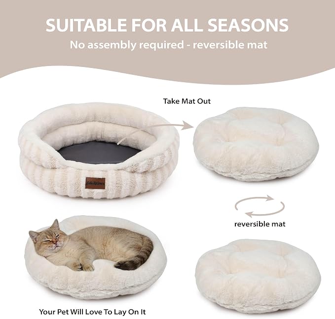 Cat Bed Kitten Bed - Washable Round Cat Beds for Indoor Cats, Soft Corduroy Fleece Pet Bed for Puppy and Kitten with Removable Double Sided Inner Cousion, 20", Beige