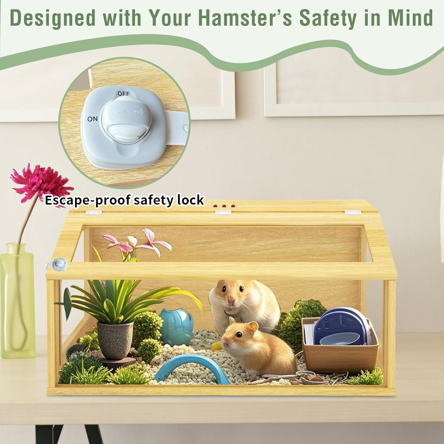 32" Wooden Hamster Cage, Chewproof Gerbil Cages and Habitats, Openable Top Roof Window with Silencing Pad, Guinea Pig Cage for Small Animals, Dwarf and Syrian Hamster, 32 x 16 x 16 Inches