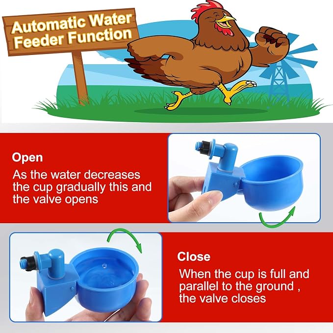 Tanlade 12 Pcs Automatic Chicken Waterer Cups Chicken Feeder for PVC Pipe Waterer Kit for Poultry Duck Goose Turkey Bunny (Red,Blue,Classic)