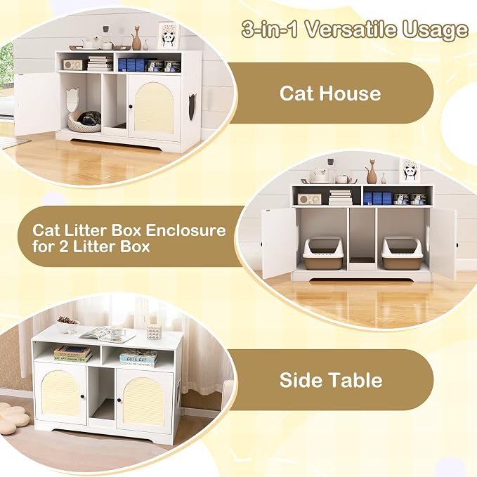 Tangkula Double Litter Box Enclosure, 43 Inch Hidden Litter Box Furniture with Shelves, Removable Scratching Board, 2 Sisal Mats, Large Enclosed Cat Box Enclosure for 2 Cats (White)