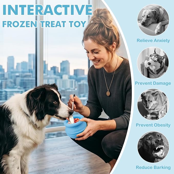 Treat Dispensing Dog Toy, Long-Lasting Interactive Puzzle Toys for Dogs, Stuffable Dog Enrichment Frozen Lick Treat Toy for Boredom, BPA Free Silicone Fetch Catch Chew Toy (Light Blue,L)