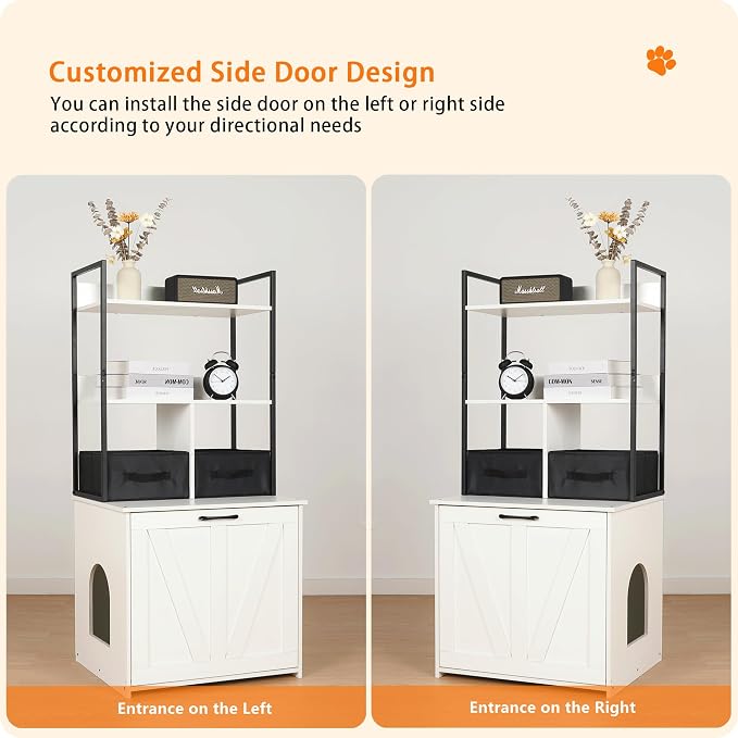DWANTON Litter Box Enclosure with 2 Storage Shelves and 2 Drawers, 2-in-1 Hidden Cat Litter Box Enclosure Furniture with Shelf, Reversible Entrance, Washable Drawers, 50-Inch, White