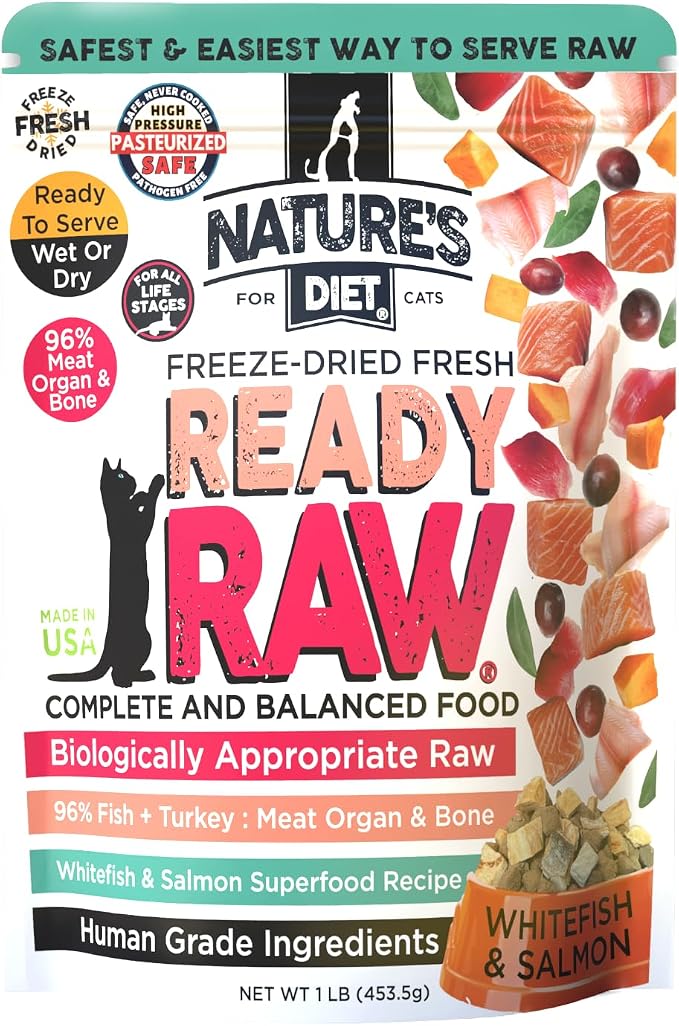 Nature's Diet Ready Raw : Freeze-Dried Raw Cat Food, Salmon & Whitefish, Human Grade, High Pressure Pasteurized (HPP), 96% Meat, Organ, Bone, Safe & Natural, Dry or Wet Feeding