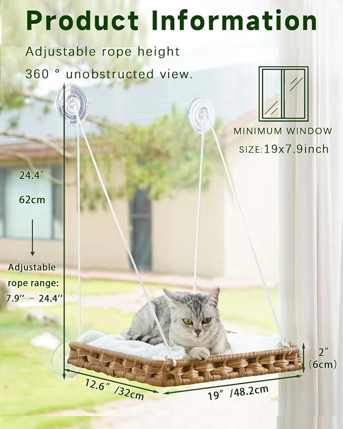 SETVSON Cat Window Perch 2-in-1 Cat Window Hammock Bed & Wall Shelves, Large Handwoven PE Rattan Kitty Seat, 4 Suction Cups,Double Sided Washable Cushion Bed, 2.3 Inch Fence Shelf, Pet Kittens Natural